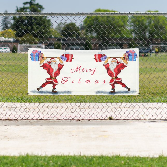 Bannière de Noël Bodybuilder Père Noël avec cadeau (En situation)