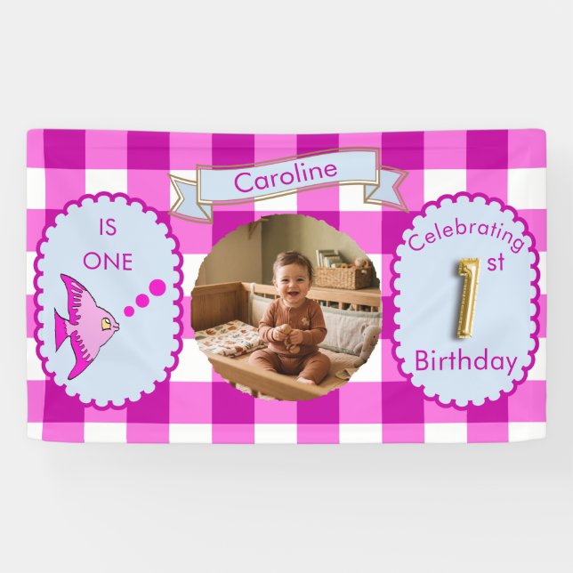 Bannière de photo anniversaire 1 an Gingham rose F (Horizontal)