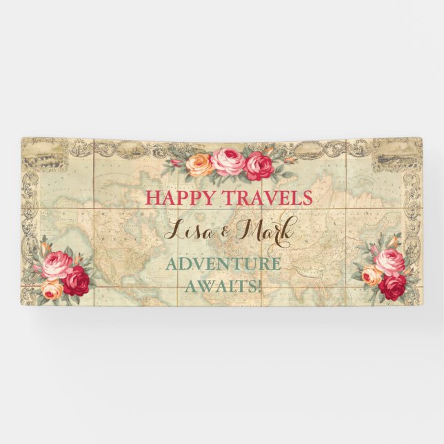 Bannière de roses de carte du monde vintage Aventu (Horizontal)