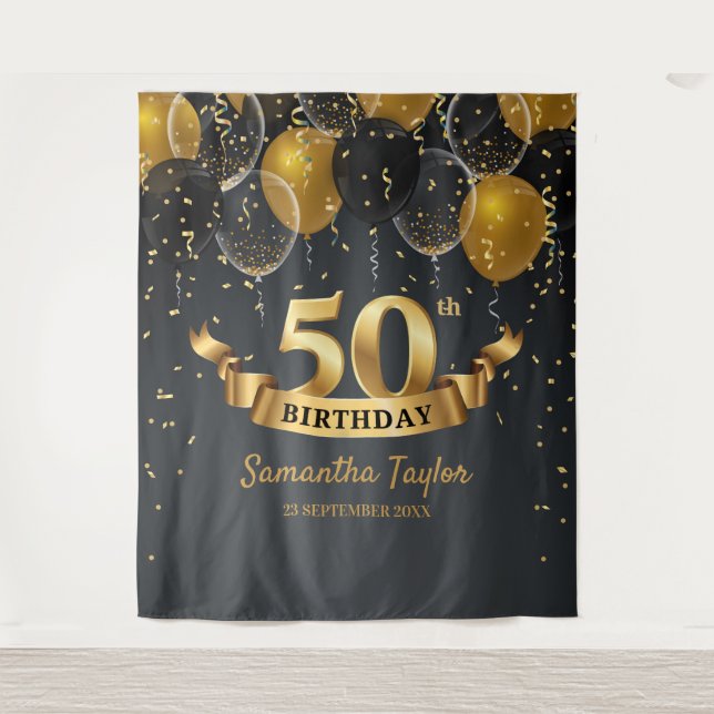 Bannière de tapisserie de fond d'anniversaire or e (Devant)