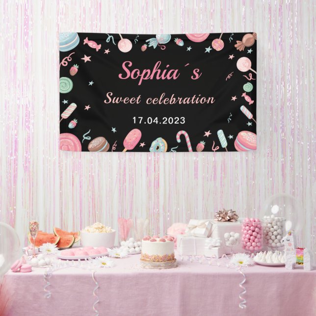 Bannière de toile de fond de Candyland noire et ro (Fête)