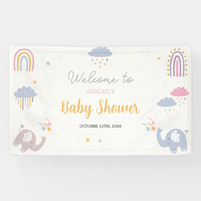 Bannière du Baby shower Eléphants arc-en-ciel mign (Horizontal)