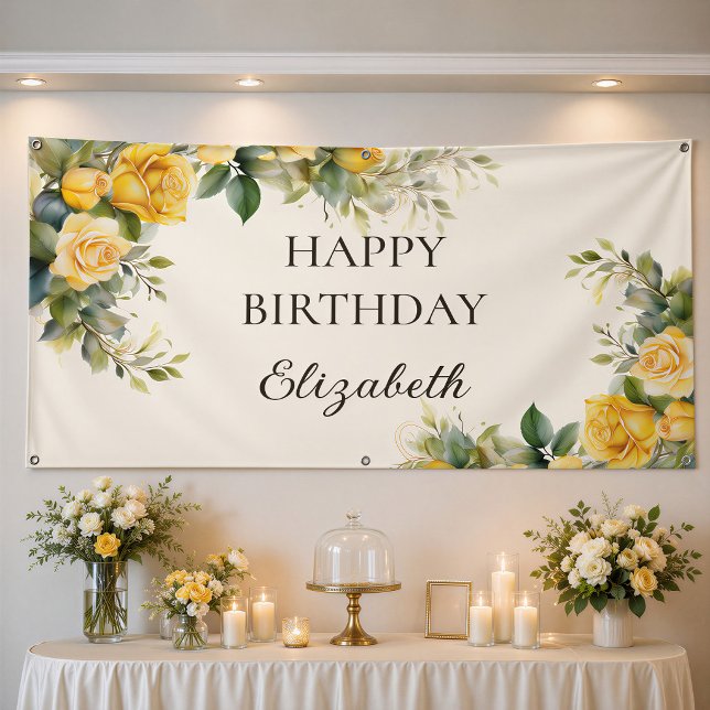 Bannière élégante de fleurs de rose jaune pour un  (Elegant yellow rose floral happy birthday banner with warm cream background)
