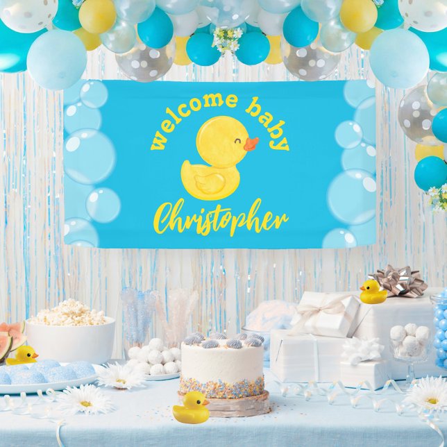 Bannière en vinyle suspendue avec nom de bébé Bien (Welcome Baby Name Rubber Duck Hanging Vinyl Baby Shower Banner in Blue)