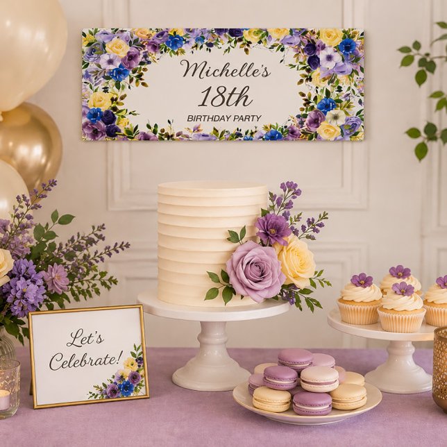 Bannière Fleurie Aquarelle Jaune Violet pour 18e A (Purple and yellow watercolor floral 18th birthday banner, measuring 2'x1')