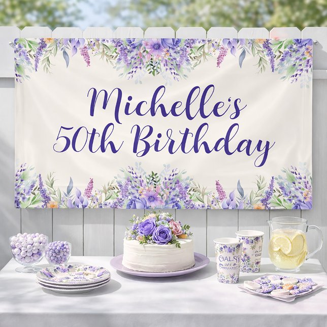 Bannière Fleurie Lilas Violet 50e Anniversaire (She will love this Garden Party Birthday banner)