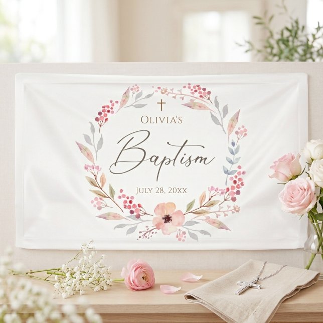 Bannière Fleurie Rose pour Baptême de Fille (Blush Pink Floral Girl Baptism Banner)