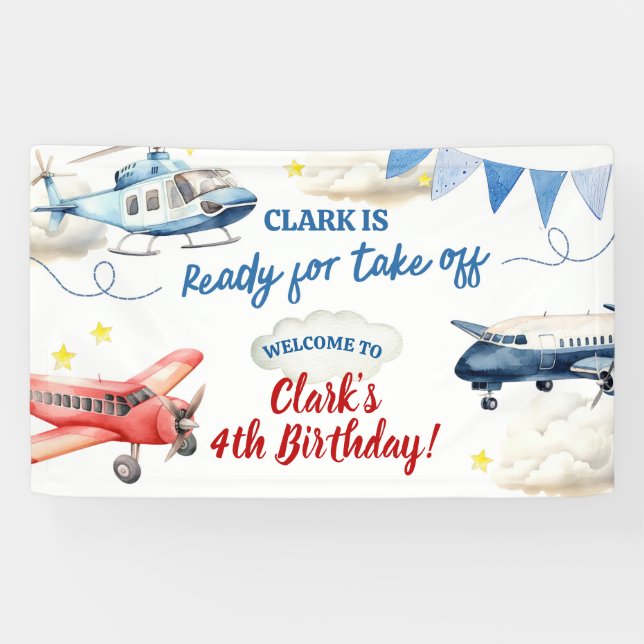 Bannière grande pour les 4 ans d'un garçon avion (Horizontal)