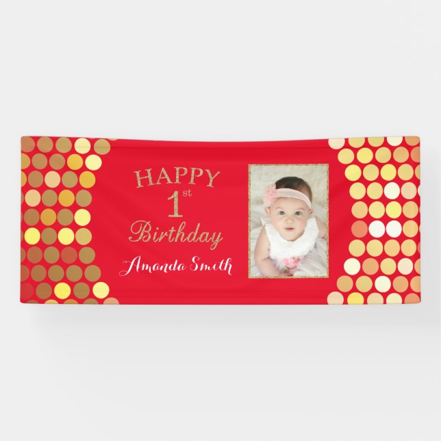 Bannière Joyeuse 1er Anniversaire Rouge et Or Phot (Horizontal)