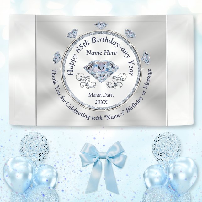Bannière Joyeux 85e Anniversaire, Toute Année ou O (Happy 85th birthday banners. Diamond birthday banners, diamond wedding banner or 75th, 80th or 90th.)