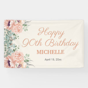 Bannière Joyeux 90e Anniversaire Fleurs Roses Pail