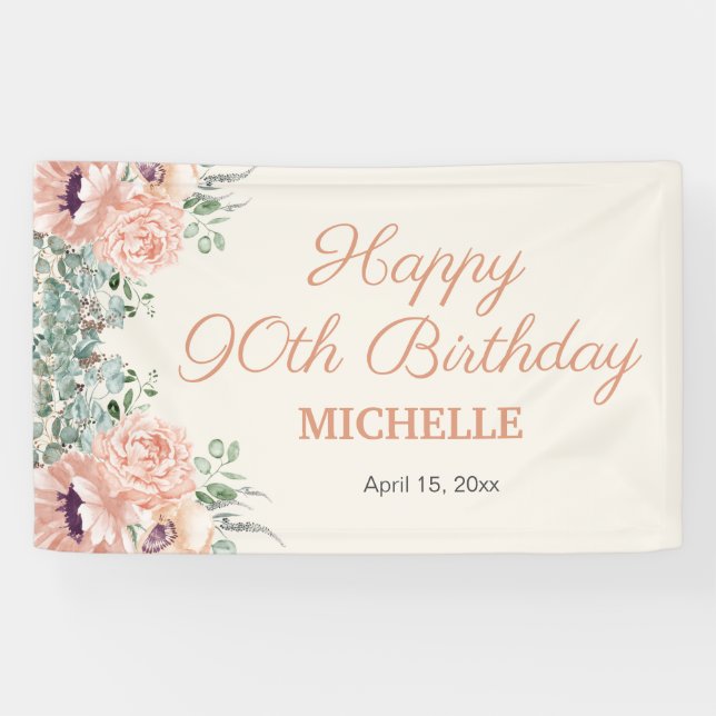 Bannière Joyeux 90e Anniversaire Fleurs Roses Pail (Horizontal)