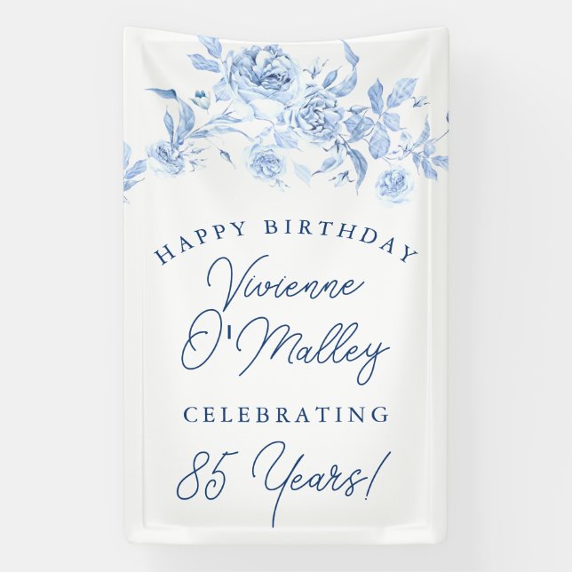 Bannière Joyeux Anniversaire 85e modèle floral ble (Verticale)