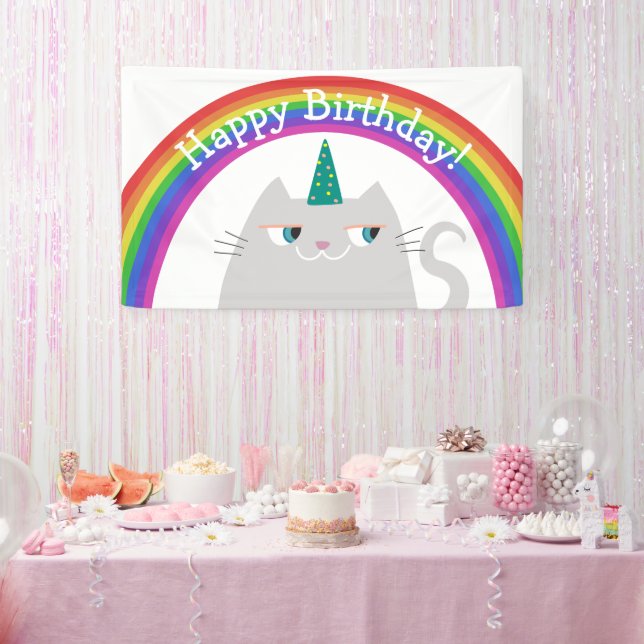 Bannière Joyeux Anniversaire Chat Mignon Arc-en-Ci (Fête)