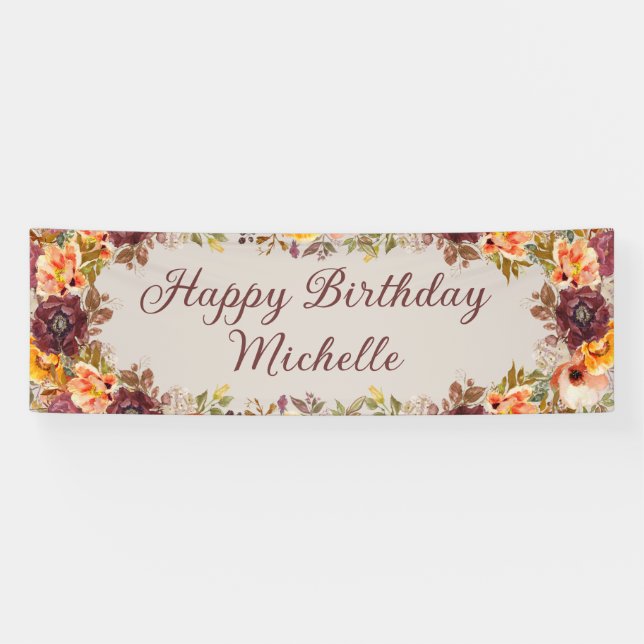 Bannière Joyeux Anniversaire Fleurs Rouille de Bou (Horizontal)