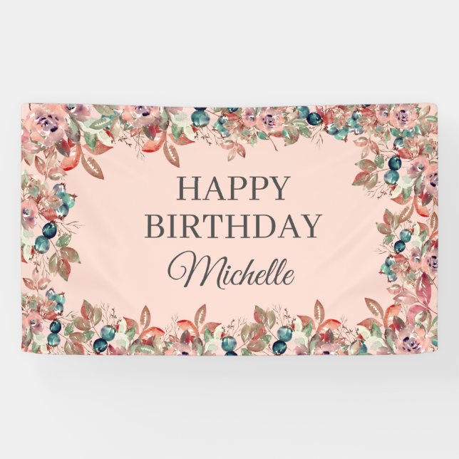 Bannière Joyeux Anniversaire Floral Aquarelle Rose (Horizontal)