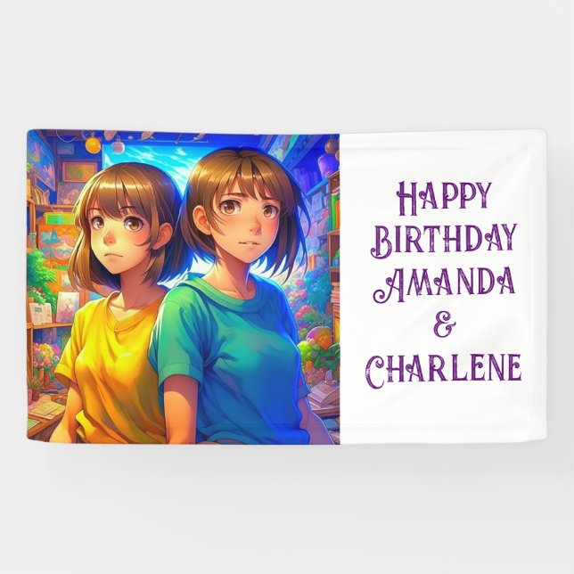 Bannière Joyeux Anniversaire Jumeaux Thème Anime (Horizontal)