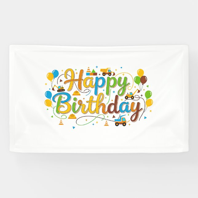 Bannière Joyeux Anniversaire Véhicules de Construc (Horizontal)