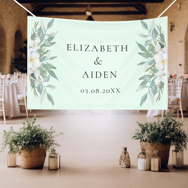 Bannière Mariage Floral (Beautiful, botanical, greenery & elegant, white flower, banner with your name and date.)