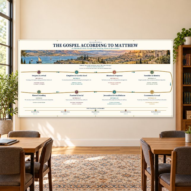 Bannière murale d'étude de l'Évangile de Matthieu  (Matthew 96 × 48 inches — exact finished chart art in an illustrative room setting)