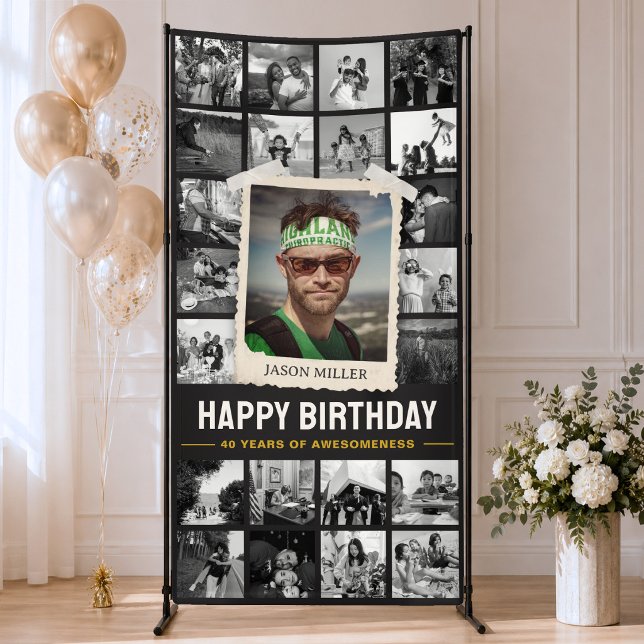 Bannière personnalisée d'anniversaire, collage de  (Custom Birthday Banner, Retro Photo Collage 4x8' Banner)