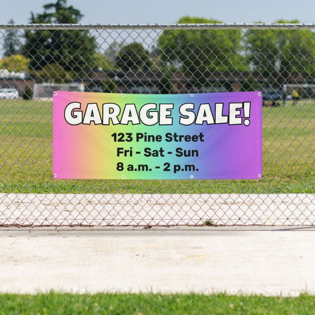 Bannière personnalisée VENTE DE GARAGE Arc-en-ciel (En situation)