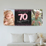 Bannière photo 70th Black Pink Happy Birthday<br><div class="desc">Bannière de fête de soixante-dixième anniversaire avec un arrière - plan noir branché,  2 grandes photos,  parties scintillant rose étincelante,  70 ballons d'hélium rose,  et un modèle de célébration personnalisé facile à personnaliser.</div>
