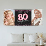 Bannière photo 80th Black Pink Happy Birthday<br><div class="desc">Bannière de fête de la fille jalonne de quatre-vingts ans avec un arrière - plan noir branché,  2 grandes photos,  parties scintillant rose étincelante,  80 ballons d'hélium rose,  et un modèle de célébration personnalisé facile à personnaliser.</div>