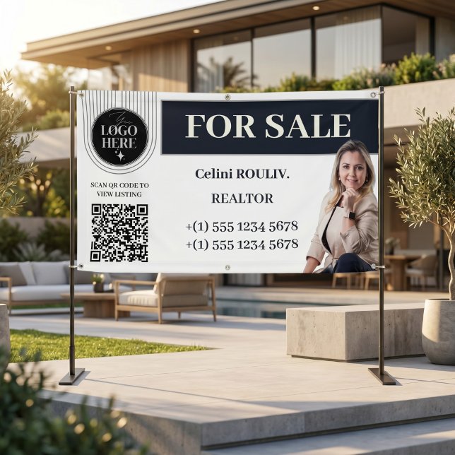 Bannière photo de code QR d'agent immobilier à ven (Modern Minimalist Black & White For Sale Real Estate Agent QR Code Photo Banner)