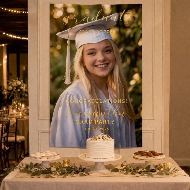 Bannière photo de la promotion 2026 (Elegant Class of 2026 graduation banner with photo and gold typography)