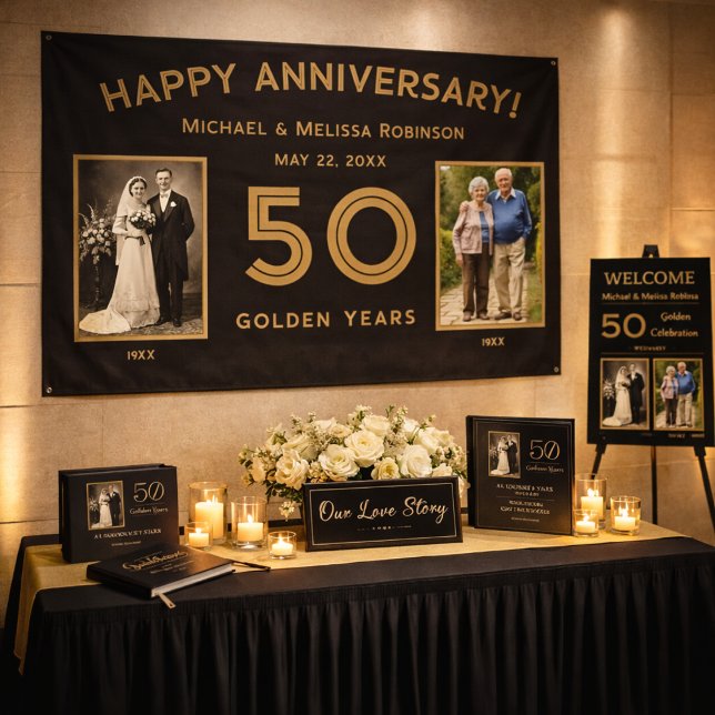 Bannière photo du 50e anniversaire du Mariage Blac (Golden years deserve a backdrop this elegant.)
