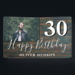 Bannière photo Rustic Wood 30th Birthday Party<br><div class="desc">Bannière photo Rustic Wood 30th Birthday Party. Grand signe pour la fête du 30ème anniversaire avec une photo personnalisée et un texte en script blanc tendance avec un nom. L'arrière - plan est de texture bois foncé. Personnalisez le panneau avec votre photo,  votre nom et votre numéro d'âge.</div>