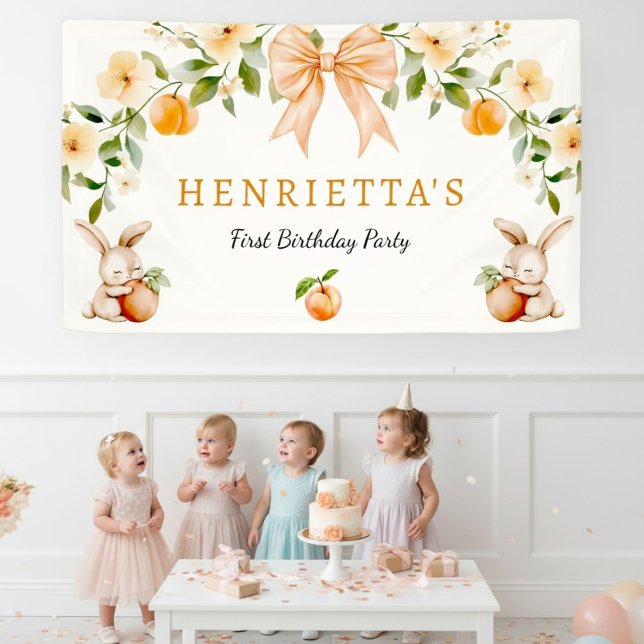 Bannière Premier Anniversaire Lapin Floral Pêche (Créateur téléchargé)