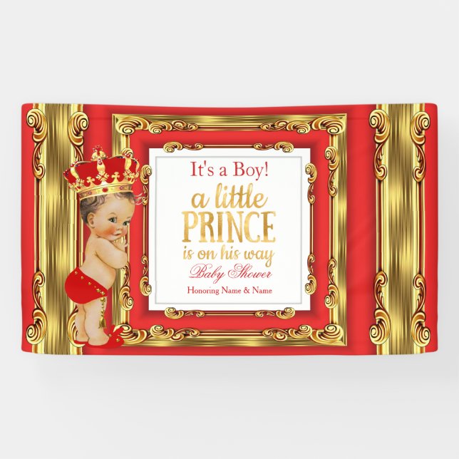 Bannière Prince Bébé Fête Royale Rouge Or Brunette (Horizontal)