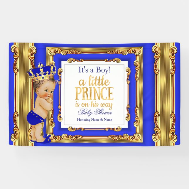 Bannière Prince Bébé Shower Bleu Royal Or Brunette (Horizontal)