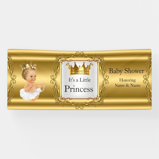 Bannière Princesse Baby Shower Or Blanc Fille Blon (Horizontal)
