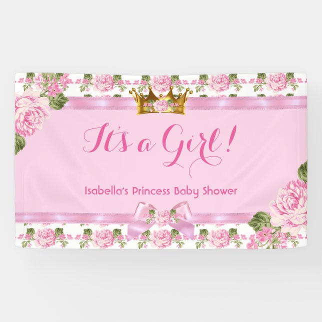 Bannière Princesse Baby Shower Roses Roses Couronn (Horizontal)