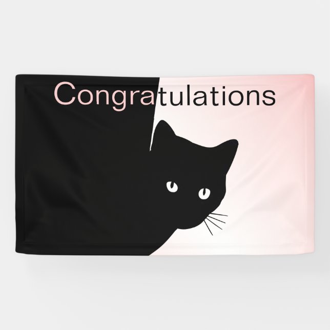Bannière rose de félicitations pour chat noir rusé (Horizontal)