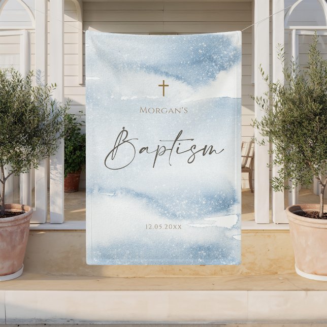 Bannière verticale baptême garçon aquarelle bleue (Blue Watercolor Boy Baptism Vertical Banner)