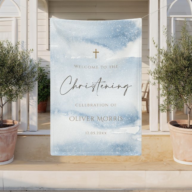 Bannière verticale baptême garçon aquarelle bleue (Blue Watercolor Boy Christening Vertical Banner)