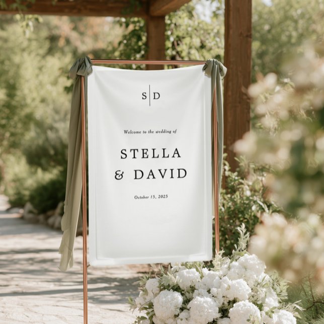 Bannière vinyle de monogramme de mariage de bienve (Black and White Wedding Monogram Welcome Vinyl Banner)