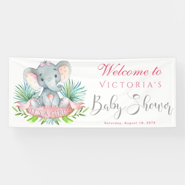 Bannières de Baby Shower Eléphant Filles (Horizontal)