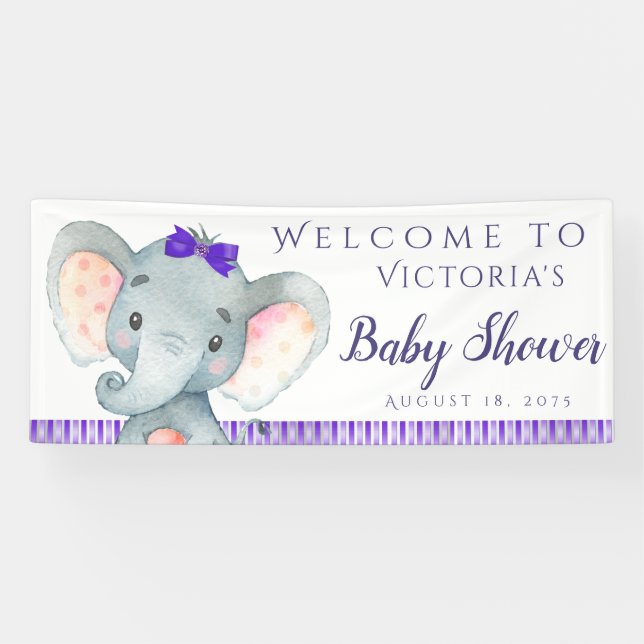 Bannières de Baby Shower éléphant violet pour fill (Horizontal)