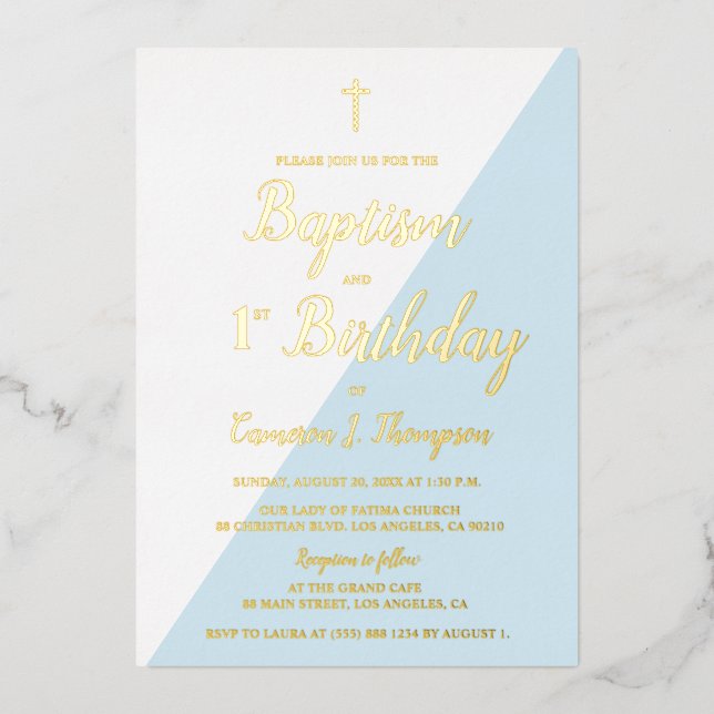 Baptême 1er anniversaire Invitation Croix d'or ble (Recto)