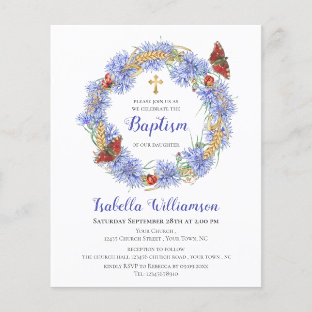 Baptême à petit budget Invitation Fleur Sauvage Bl (Devant)