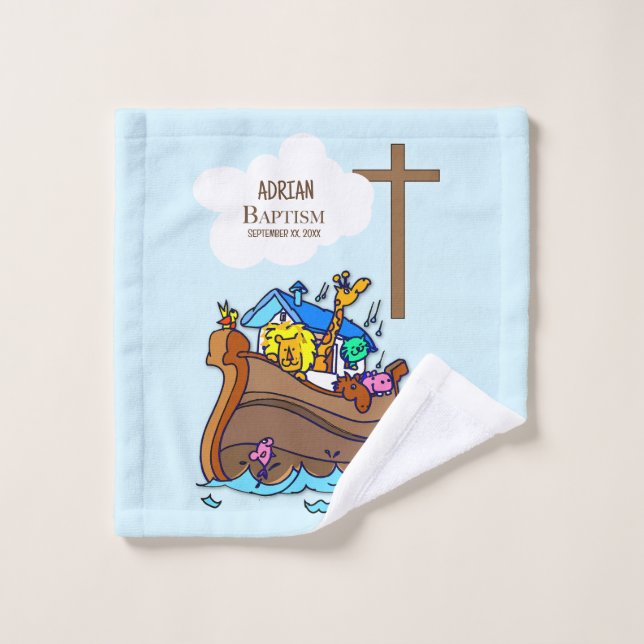 Baptême Arche du garçon Noah, mignons animaux Pers (Gant de toilette)