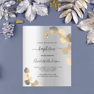 Baptême argent eucalyptus or budget invitation
