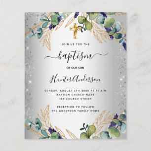 Baptême argent eucalyptus vert invitation
