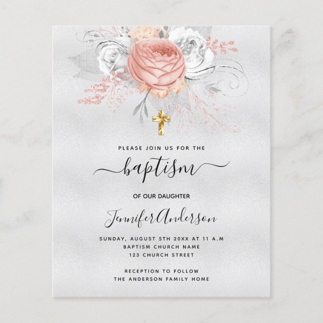 Baptême argent rose or fille budget invitation (Devant)