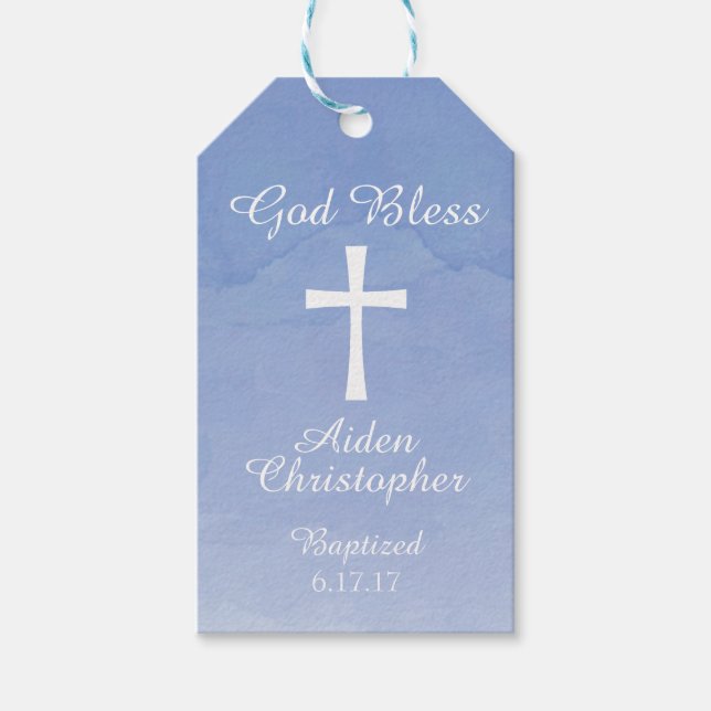 Baptême bleu aquarelle ou étiquette cadeau communi (Devant)